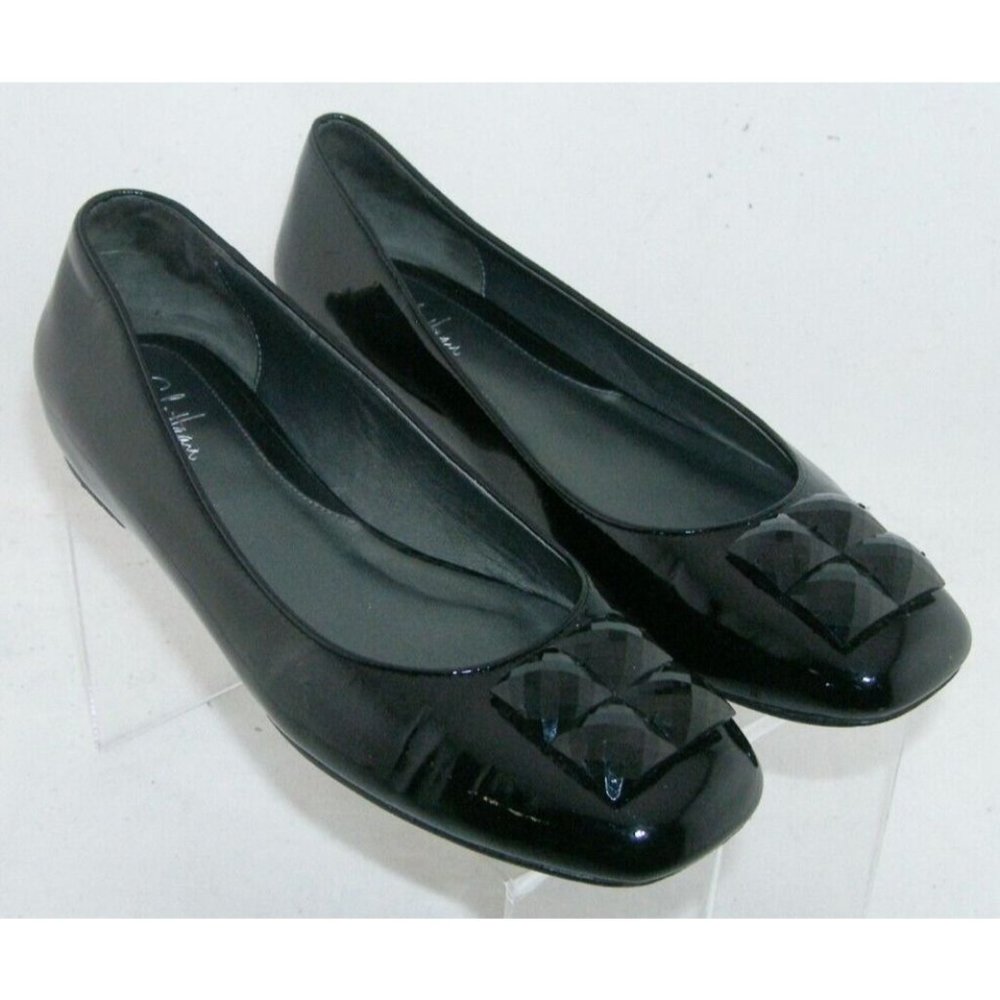 Cole Haan black patent leather jeweled square toe slip on flats 8AA D26243